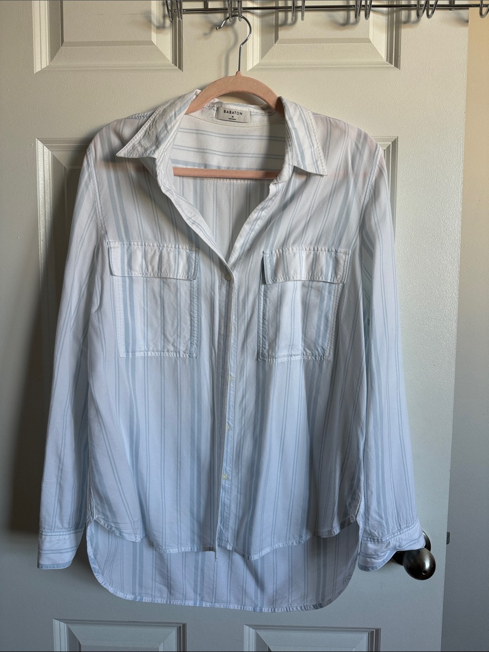 Aritzia Babaton White and Light Gray Striped Button-Down Shirt